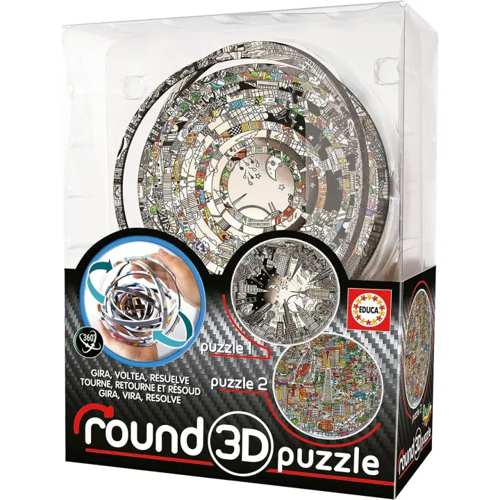 Educa - Puzzle 3D Round Puzzle. 2 imágenes de Charles Fazzino a Resolver. Gira, voltea y ¡Resuelve!. 12,7 cm de diámetro y 14 Anillos concéntricos. Rompecabezas a Partir de 8 años (19707) - 1