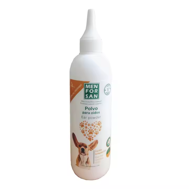 Menforsan polvo para oidos 30 gr - Facilita la depilación de oidos de perros de todas las razas - Absorbe y seca el exceso de humedad de oidos. Alivia irritacion, elimina el mal olor e inhibe desarrollo de bacterias - 1
