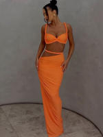 Conjunto De 2 Piezas Ruched Bandage Puss Para Mujer Verano 2025 Traje De Fiesta En Playa Estilo Sexy Con Collar Cuadrado Y Falda Larga Sin Mangas - details 12