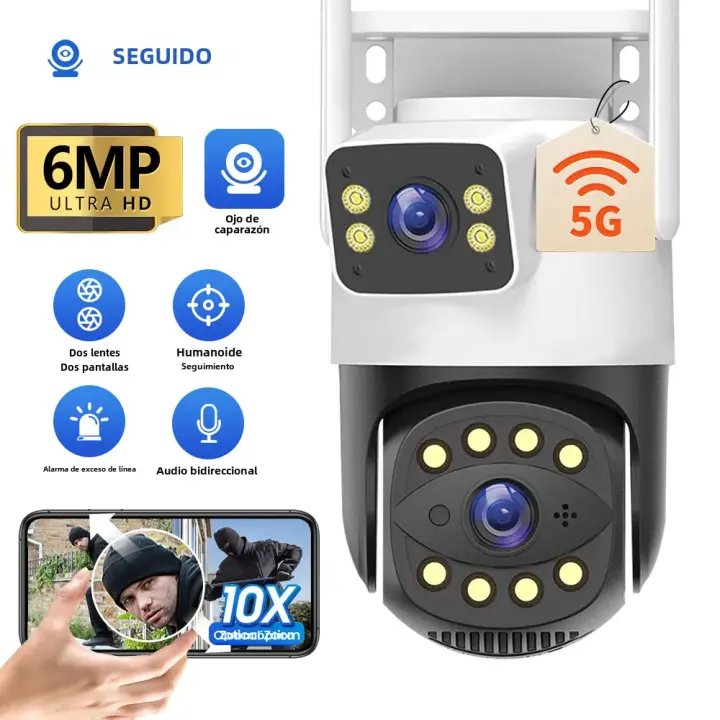 Cámara De Seguridad IP HD 6MP Wifi Exterior Con Lente Dual Pantalla Dual Resistente Al Agua Icsee App Seguimiento Automático Vigilancia De Video Policia - 1