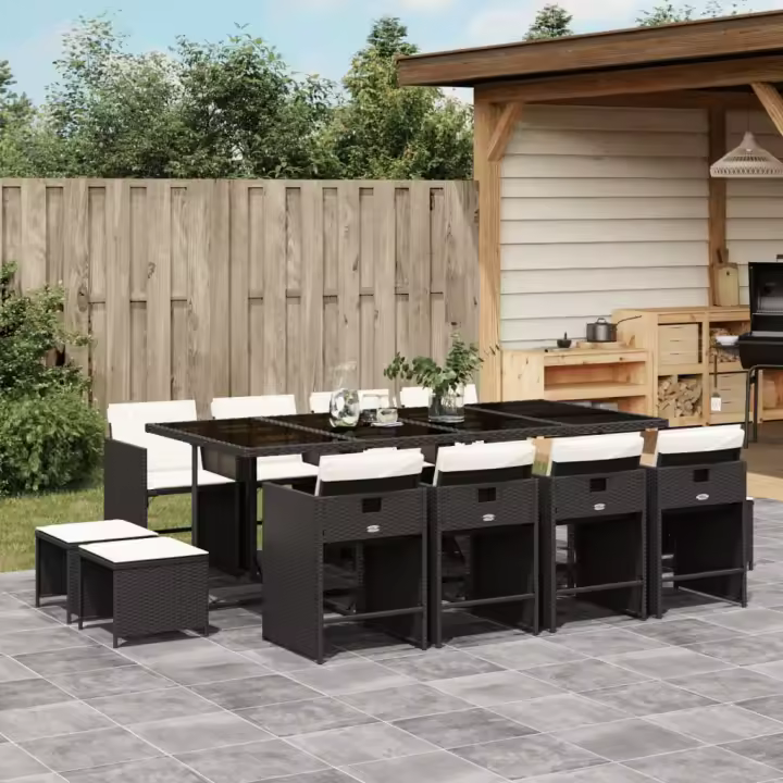 vidaXL Set comedor de jardín con cojines 13 pzas ratán sintético negro - 1