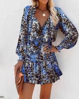 Vestido Mini De Mujer Primavera Moda Con Estampado Floral Manga Larga Cuello V Estilo Casual Vestido De Manga Farol Con Volantes Cintura Ajustada - details 7