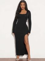 Vestido De Mujer Con Cuello En U Grande Estilo Europeo Y Americano Para Otoño E Invierno Slim Fit Y De Rodilla Con Cuello Descubierto - details 0