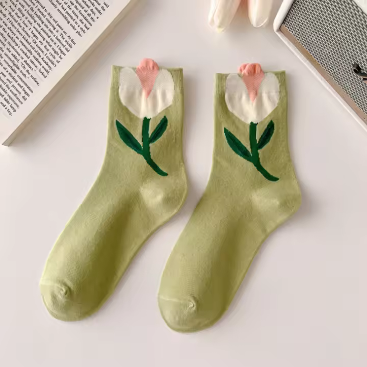 Calcetines De Mujer Estilo Japonés Coreano Dibujos Animados Flores Colores Caramelo Harajuku Kawaii Medio Tubo Calcetines Casuales Transpirables - 1