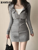 Vestido Mini Casual Solido Con Bolsillos Y Capucha Slim Para Mujer IAMSURE Manga Larga Otoño Invierno Moda Callejera - details 1