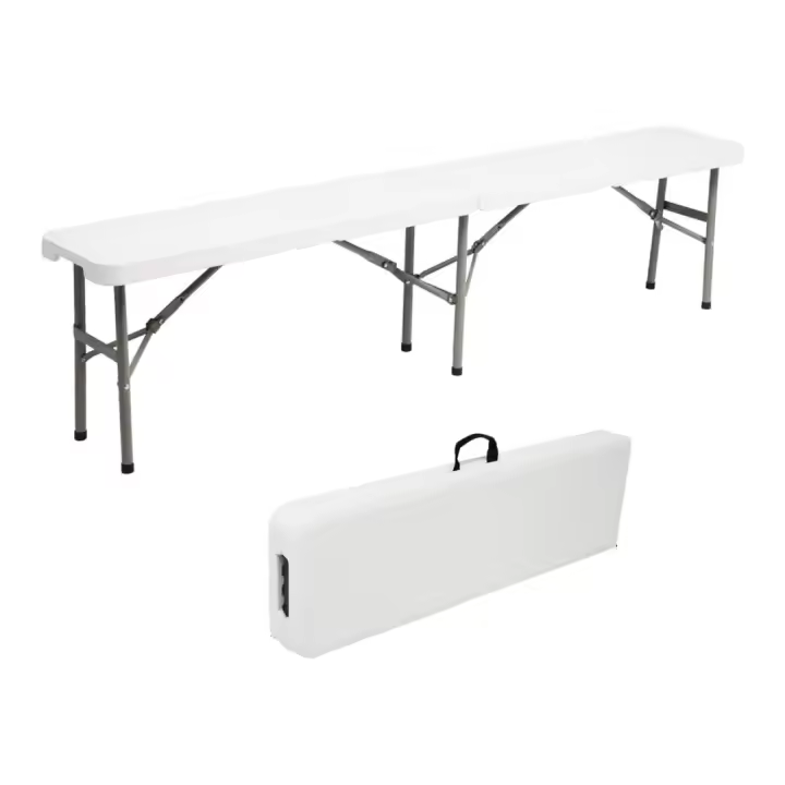 MIRAMAX-Banco plegable de plástico y acero con asa de transporte,asiento portátil para picnic al aire libre, camping,fiestas,Blanco,180 x 29 x H 44 cm - 1