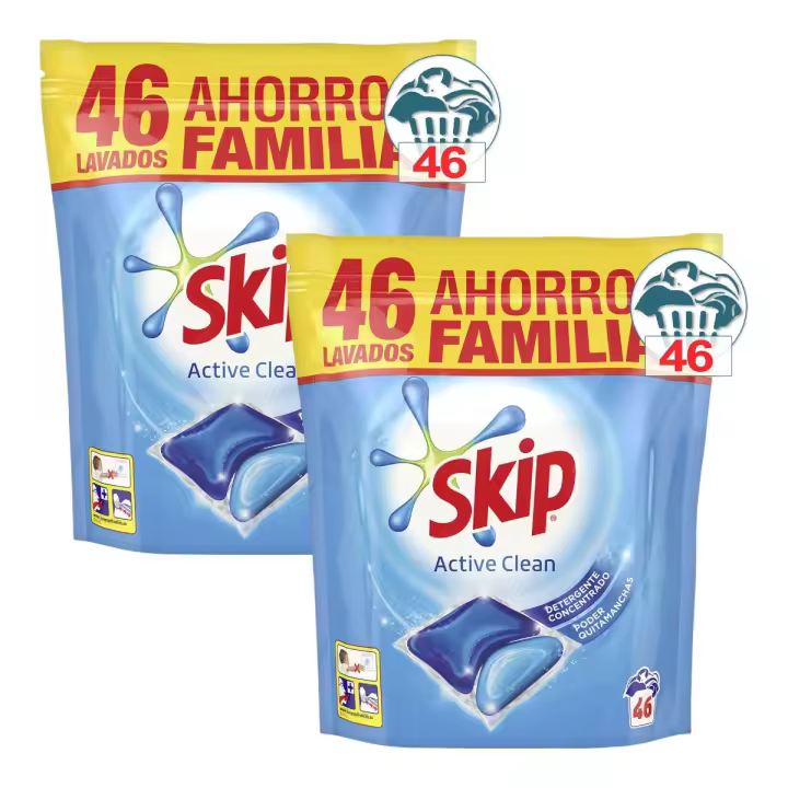 SKIP Active Clean Pack 2 Bolsas de detergente máquina líquido doble acción envase 46 cápsulas (Total 92 cápsulas) - 1