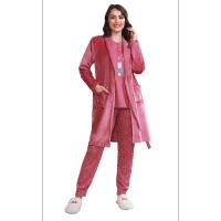 pijama de mujer de 3 piezas - camiseta y pantalon manga larga de algodon - bata de coralina con cinturón y bolsillos,  grueso y cálido, suave y cómodo para dormir, ropa de hogar - Adecuado para otoño e invierno - 12616 - details 1