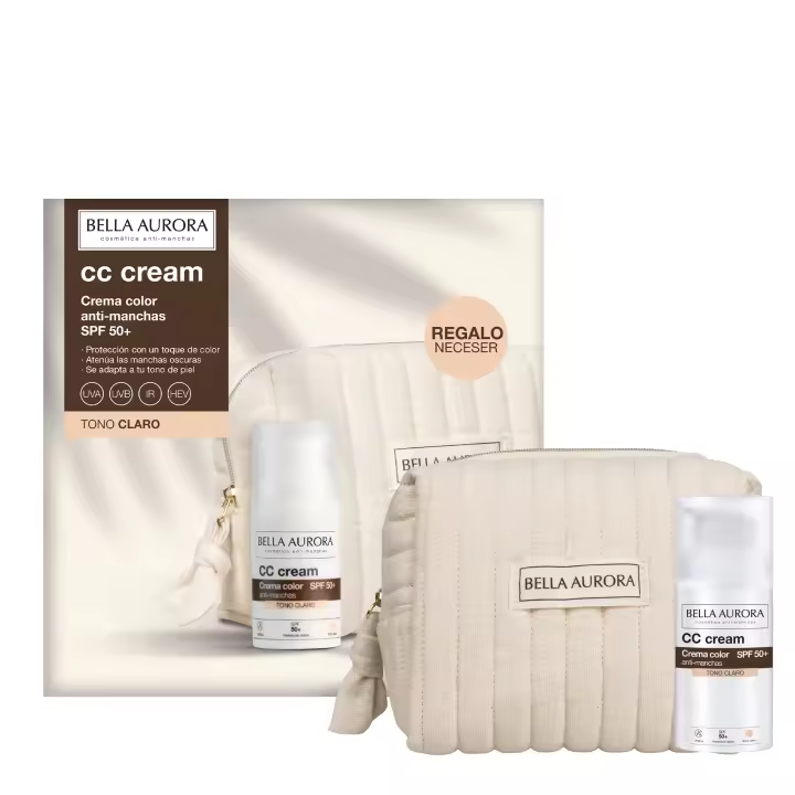 BELLA AURORA Pack CC Cream Anti-manchas SPF 50+ Tono Claro 30ml + Neceser Regalo | Protección Alta UVA UVB IR HEV | Toque de Color que Unifica y Atenúa Manchas - 1