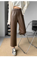 Pantalones De Cuero PU Para Mujer Alta Cintura Otoño Invierno Negro Rectos De Pierna Con Bolsillos De Longitud Del Tobillo - details 3