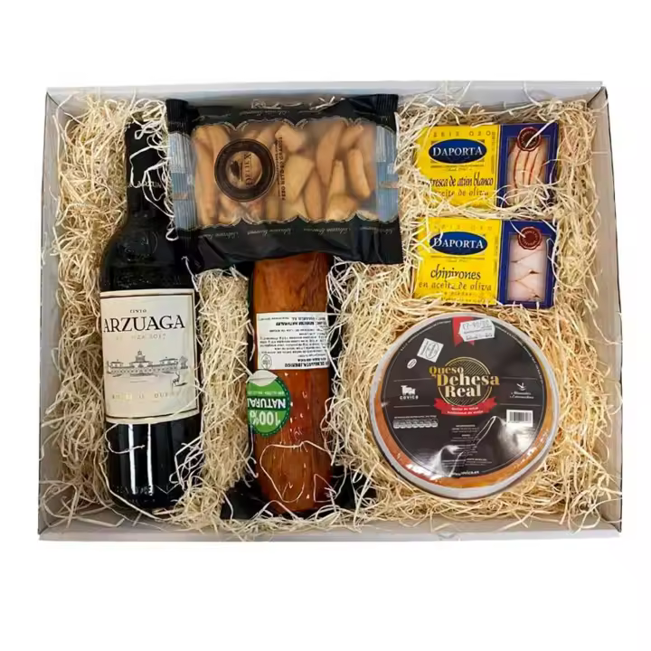 Deliex. Gran lote Gourmet con vino Arzuaga, Torta de la Serena, lomo Ibérico de bellota, conservas y picos. Cesta gourmet para regalar - 1
