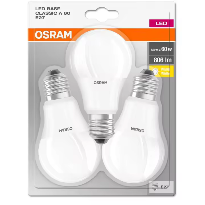 3 Bombillas OSRAM LED  - 8.5W 827 Frosted E27 - 1