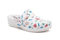 TS-328 Estampado Dentista Hecho en Italia Zuecos Mujer Piel Stamapado Dentista Numeración: 35-41 Marca: BioUp Este es un zueco de plataforma para uso profesional, diseñado con un patrón alegre y colorido que incluye elementos como cápsulas - details 1