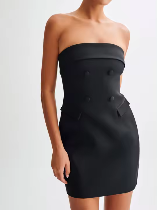 Vestido Mini Elegante Sin Hombros Trasero Abierto A-line Para Mujer Con Botón Y Bolsillo Vestido De Noche Veraniego Sexy Para Fiesta Vestido Bodycon De Polyester - 1