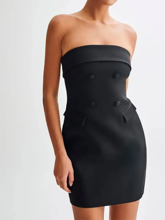 Vestido Mini Elegante Sin Hombros Trasero Abierto A-line Para Mujer Con Botón Y Bolsillo Vestido De Noche Veraniego Sexy Para Fiesta Vestido Bodycon De Polyester - 1