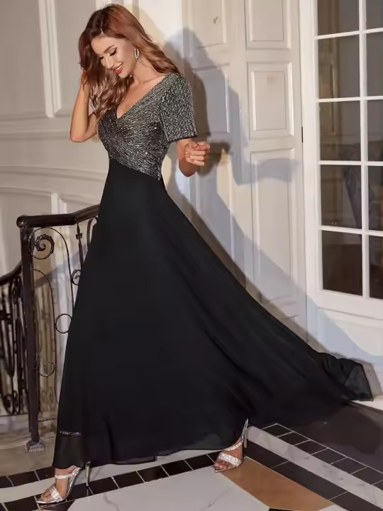 Vestido De Noche Con Cuello En V Y Secuinas De Contraste Nuevo Vestido Largo Elegante Para Mujer Con Corte Slim Y Sequinias - 1