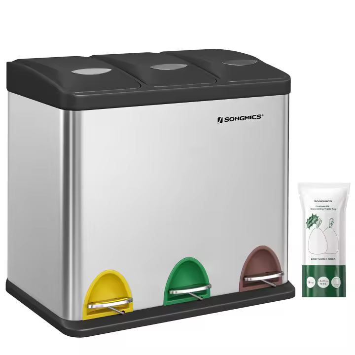 SONGMICS - Papelera de cocina, 3 x 8 L, con tapas, basura triple de acero para pequeñas familias, pedales y cuartos, fácil de limpiar, Plata y Negro/Blanco Crema y Marrón/Blanco Crema y Marrón/Negro/Blanco y Gris - 1