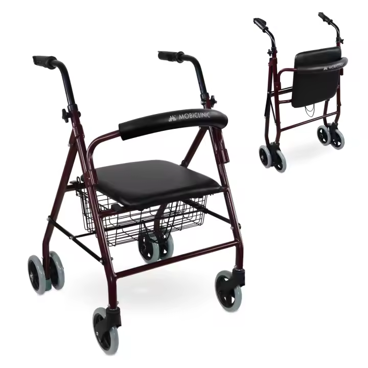 Mobiclinic® Andador para ancianos Modelo Prado Rollator de Aluminio ligero y plegable frenos por presión con Asiento cesta y 4 ruedas Caminador para mayores Marca Española Color Burdeos - 1