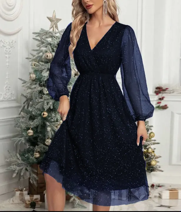 Vestido Elegante De Mujer Con Cuello En V Ajustado En Color Sólido Con Punto De Vista Y Sprayed En Talla De Malla Para Oficina - 1
