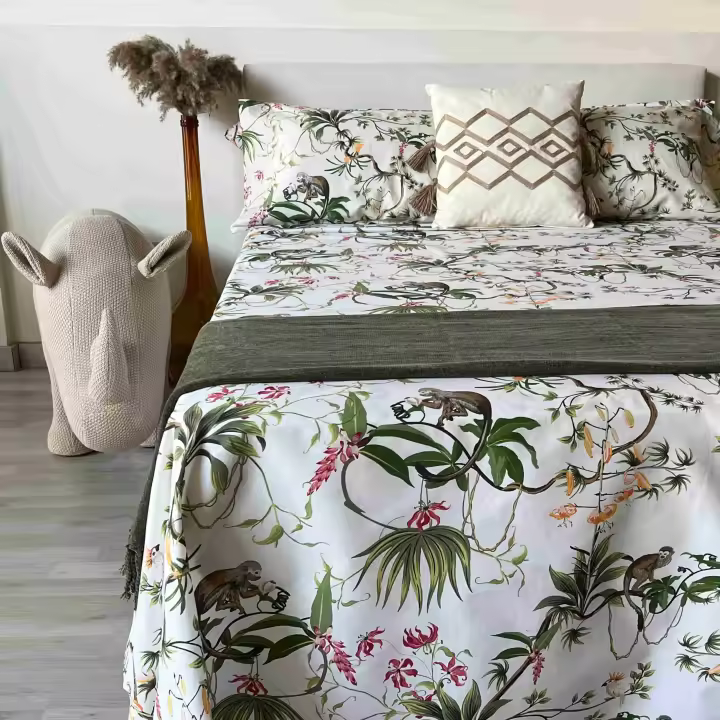 Juego de Sábanas Alo Home 100% Algodón - Estampado Tropical Monkey - Cama 90/135/150 cm + Funda almohada - 1
