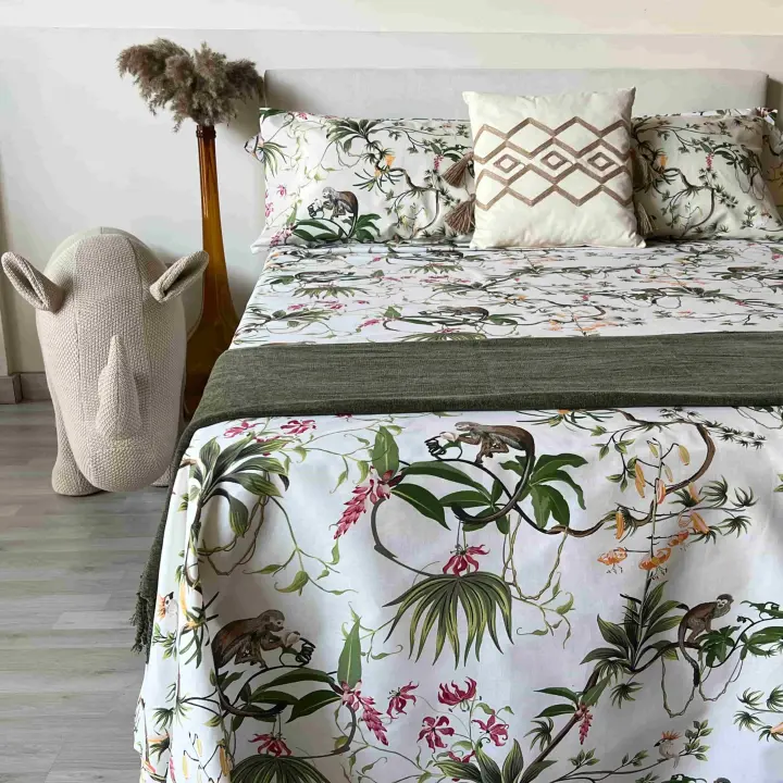 Juego de Sábanas Alo Home 100% Algodón - Estampado Tropical Monkey - Cama 90/135/150 cm + Funda almohada - 1