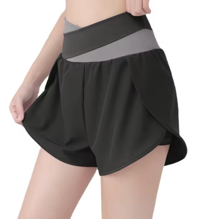 Pantalones cortos de yoga de dos piezas con diseño de bloques de color, color piel, antiexposición, para correr y fitness, para mujer - 1