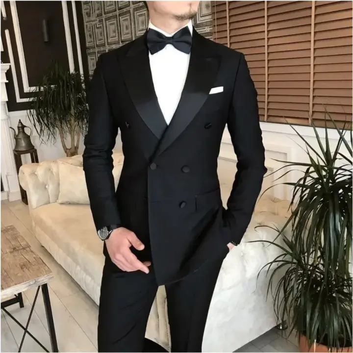 Traje Negro Para Hombre Con Peineta Y Dos Botones Traje De Boda Tuxedo De Prueba Confección Personalizada Para Fiesta Y Uso Diario - 1