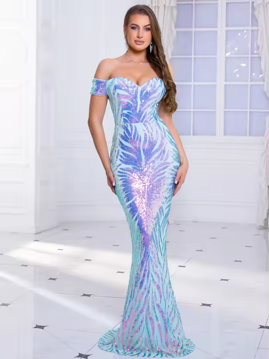 Vestido De Noche Para Mujer Con Sequinias off Shoulder Bodycon Sin Espalda De Largo Floor Length Para Fiesta Y Premios Padded - 1