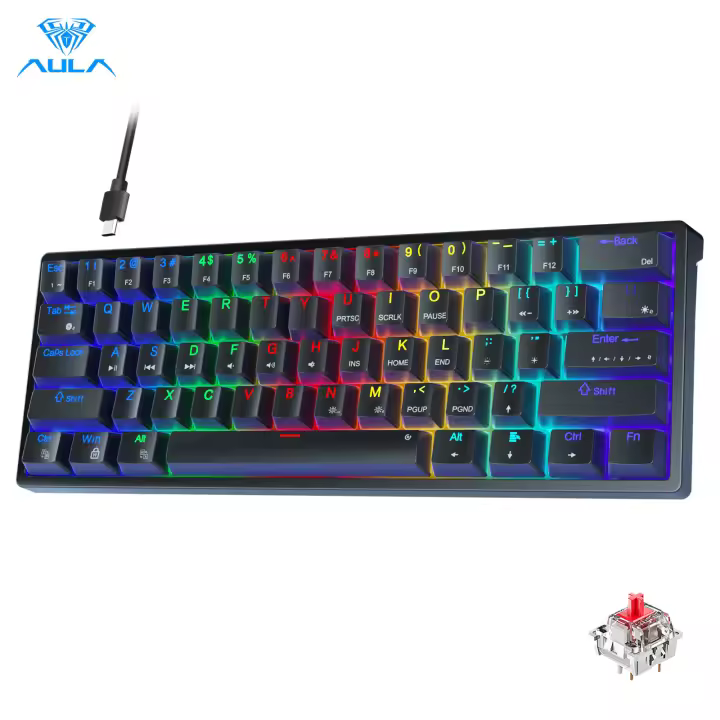 Teclado Mecánico De Juegos Mini AULA F3261 RGB Efecto USB Con Switches Rojos 61 Teclas Cable Separado Desmontable Para Mac Windows - 1