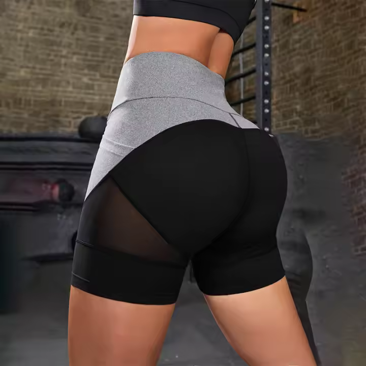 Shorts De Yoga De Cintura Alta Con Bolsillos Y Bloque De Colores Para Mujer Tummy Tuck Ejercicio Shorts De Poliéster - 1