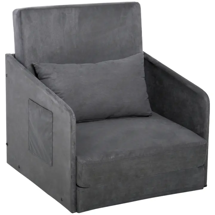 HOMCOM Sofá Cama Sofá Cama Sofá Individual Funda Lavable 2 Bolsillos Laterales Cojín Metal Gris 70 x 76 x 77 cm - 1