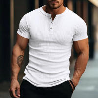 Camiseta De Hombre Estilo Moderno Con Rayas Cuello Henley Corta Transpirable Y Suave Para Ropa Casual De Verano - details 3