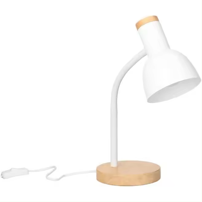 Lámpara de Escritorio de Estilo Nórdico，Flexo de Escritorio E27 de Acero Blanco y Madera Clara Natural - 1