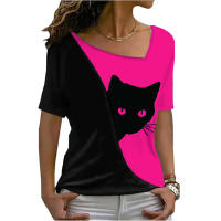 Blusa De Verano Para Mujer Estilo Nuevo Con Cuello Inclinado Y Estampado De Gato Negro Manga Corta Camiseta Casual De Polyester Y Spandex - details 9
