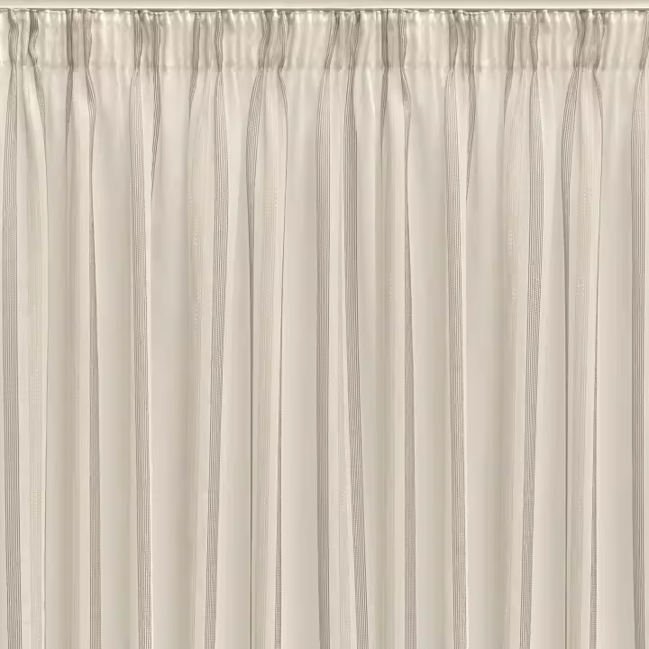 Cortina translúcida de color gris confeccionada en cinta multifunción (cinta fruncidora o pasabarras). Visillo Jacquard de rayas verticales fabricado con materiales reciclados y de calidad. Colores naturales y cálidos. Hecha en España. - 1