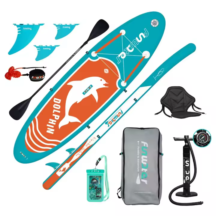 FunWater tabla de remo de pie inflable con PVC de alta densidad, soporte antideslizante EVA, sistema de refuerzo de 4 puntos, maletín de viaje portátil y accesorios para uso acuático. - 1