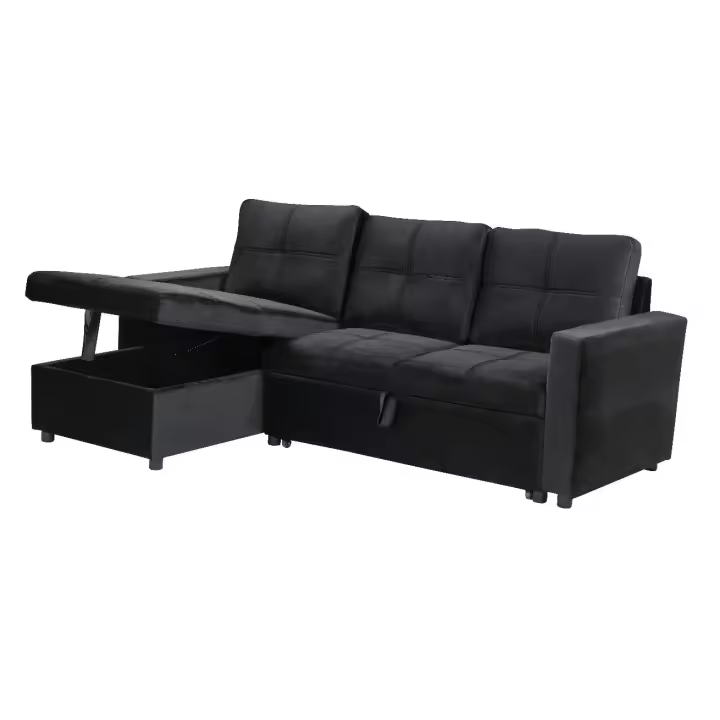 Sofa cama con arcon y chaise longue PAU 3 plazas color negro terciopelo - 1