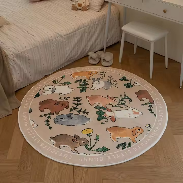 Carpetas De Piso Para Sala De Estar Y Dormitorio Infantil Con Diseño De Conejos Cartoons Alfombra Gruesa Y Redonda Para Decoración Del Hogar Y Uso En Baño Y Habitaciones - 1