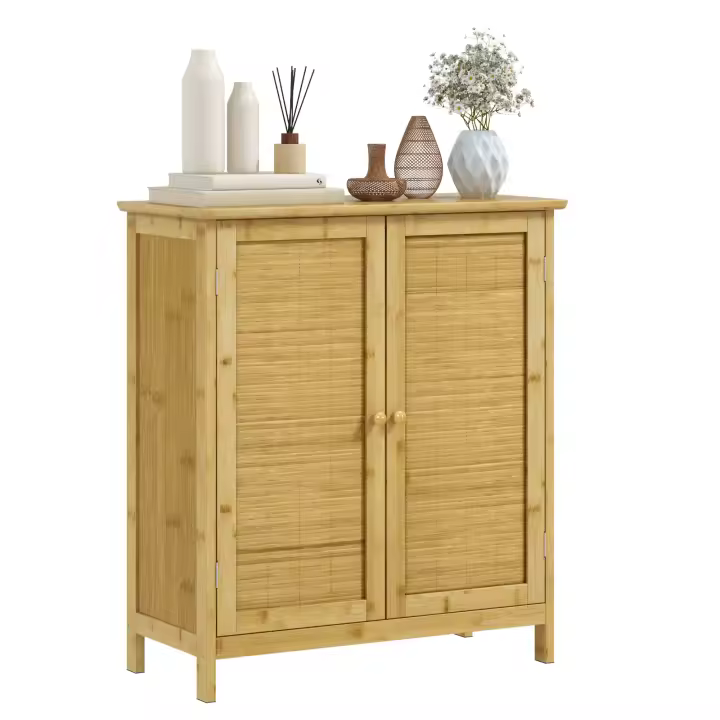 HOMCOM Aparador de Bambú de 2 Puertas, Aparador de Salón Bohemio con 2 Estantes, para Cocina, Entrada, Dormitorio, Natural, 60x27x67,5 cm - 1