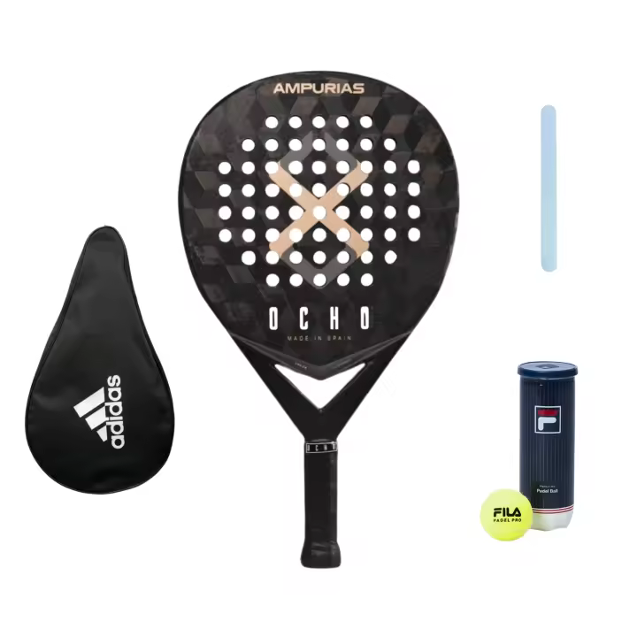 Pala de Pádel Ocho Pádel  Ampurias 24k (Made in Spain) + Funda Pádel Adidas + Protector Transparente + Bote de Pelotas Fila - 1