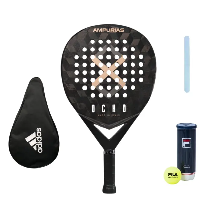 Pala de Pádel Ocho Pádel  Ampurias 24k (Made in Spain) + Funda Pádel Adidas + Protector Transparente + Bote de Pelotas Fila - 1
