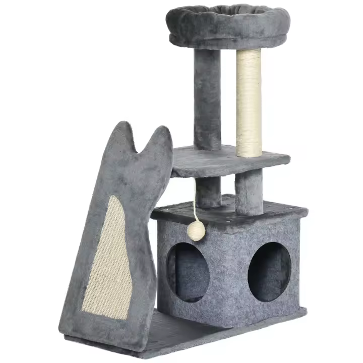 PawHut Rascador para gatos de 83 cm con rascador y cueva para gatos, árbol trepador con rascador de sisal, pelota de juego y rampa, felpa gris + blanco crema - 1