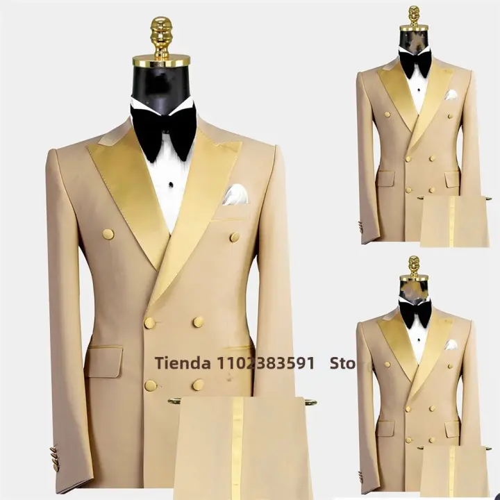 Traje De Novio Para Hombre Tuxedo De Dos Botones Slim Fit Con Notch Lapel Color Sólido Café Khaki Conjunto De 2 Piezas (Blazer+Pantalones) Para Bodas Y Fiestas Formales - 1