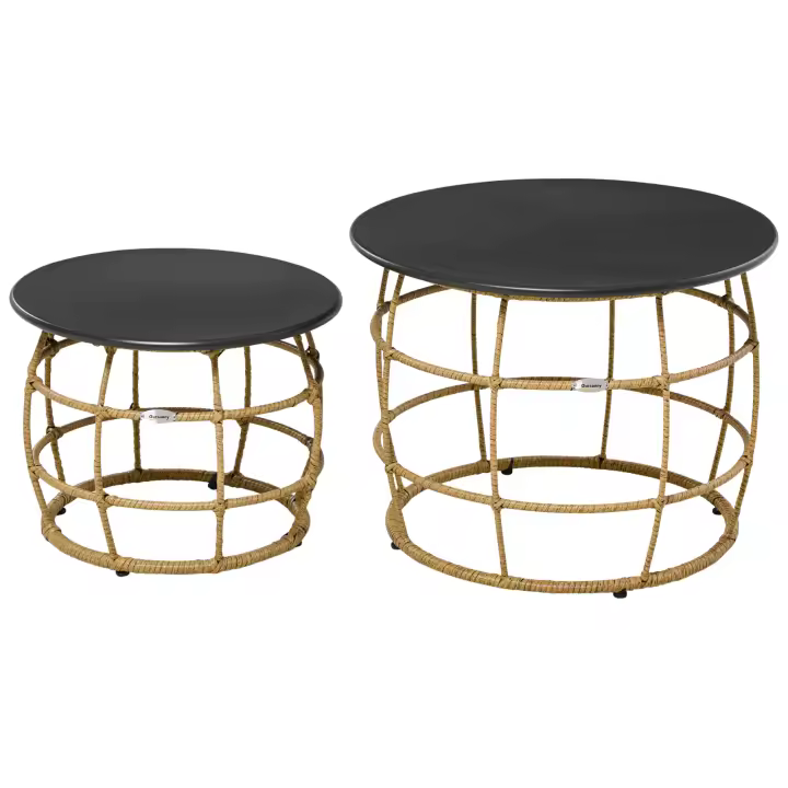 Mesa Auxiliar Set de 2 Mesa de Centro Tejida mano con tablero Terraza de Jardín Ø46 Ø 60 cm Color Arena - 1