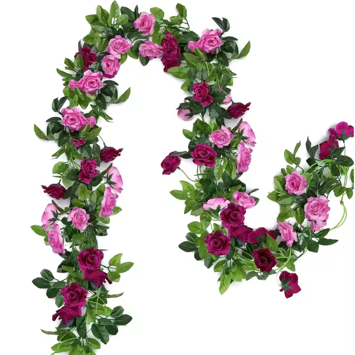 2 Paquetes Guirnaldas de Flores Artificiales 15.8 pies Vides de Rosas Falsas Flores De Seda Colgando Rose Ivy por Arco de Boda Partido Hogar Jardín Pared Decoración（(Fucsia） - 1