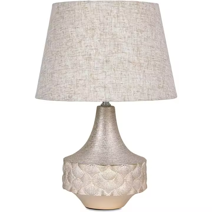 Lámpara de Mesa Redonda con Conchas Champagne y Tulipa Beige - Cerámica de Alta Calidad - 1