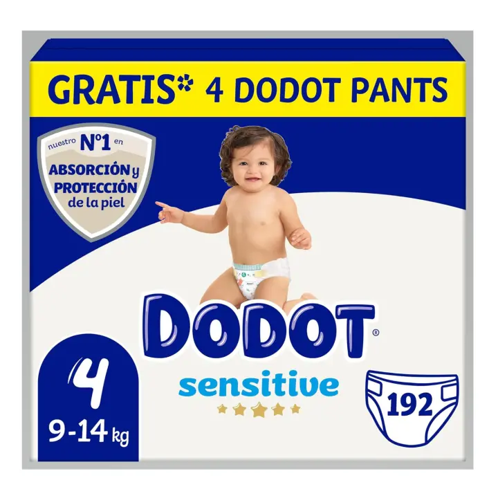 Dodot - Pañales Bebé Sensitive, Talla 4 (9-14 kg), 192 Pañales + 4 Pants Gratis, Nº1 en Protección de la Piel de Dodot, Pack Mensual - 1