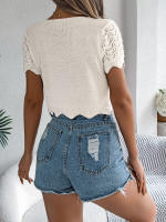 Cardigan De Punto Para Mujer Verano Otoño Ligero De Visón Manga Corta Cuello Redondo Estilo Casual Color Sólido Con Agujeros - details 23