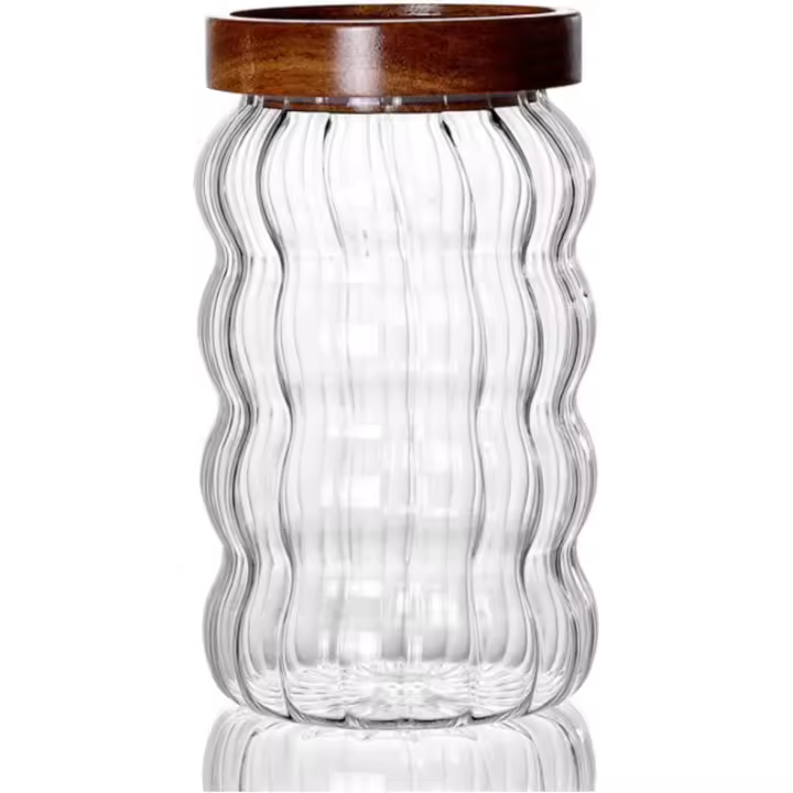 Recipiente de vidrio para almacenar alimentos con tapas de madera de acacia con sello hermético Recipiente de vidrio transparente para café, té, especias, azúcar, galletas, nueces, bocadillos y dulces - 1
