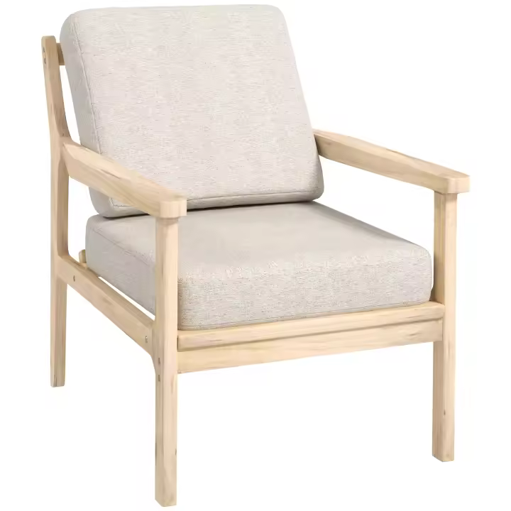 Sillón reclinable Efecto Lino, reposabrazos, patitas de Madera tapizadas, cojines extraíbles, Sillón tapizado para dormitorio, Salón, beige, 62An x 82P X 82Al cm. - 1